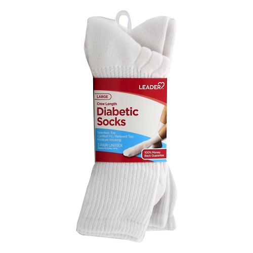 Image for Leader Diabetic Socks, Crew Length, White, Large,3pr from WELLNESS PHARMACY