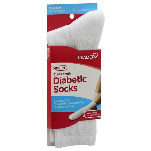 Image for Leader Diabetic Socks, Crew Length, White, Unisex, Medium,1pr from WELLNESS PHARMACY