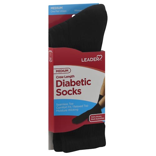 Image for Leader Diabetic Socks, Crew Length, Black, Unisex, Medium,1pr from WELLNESS PHARMACY