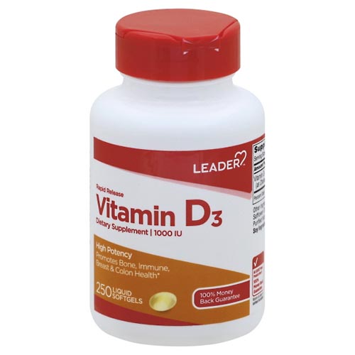 Image for Leader Vitamin D3, 1000 IU, Liquid Softgels,250ea from WELLNESS PHARMACY