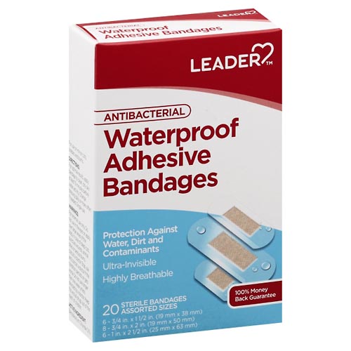 Image for Leader Adhesive Bandages, Antibacterial, Waterproof, Assorted Sizes,20ea from WELLNESS PHARMACY