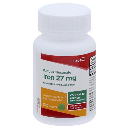 Image for Leader Ferrous Gluconate, Iron 27 mg, Tablets,100ea from WELLNESS PHARMACY