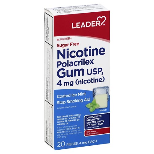 Image for Leader Nicotine Polacrilex Gum, 4 mg, Coated Ice Mint,20ea from WELLNESS PHARMACY