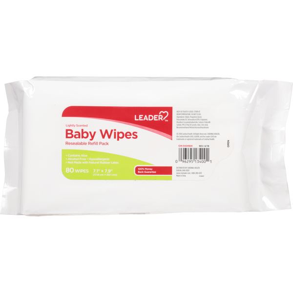 Image for Leader Baby Wipes, Lightly Scented, Resealable, Refill Pack, 80ea from WELLNESS PHARMACY