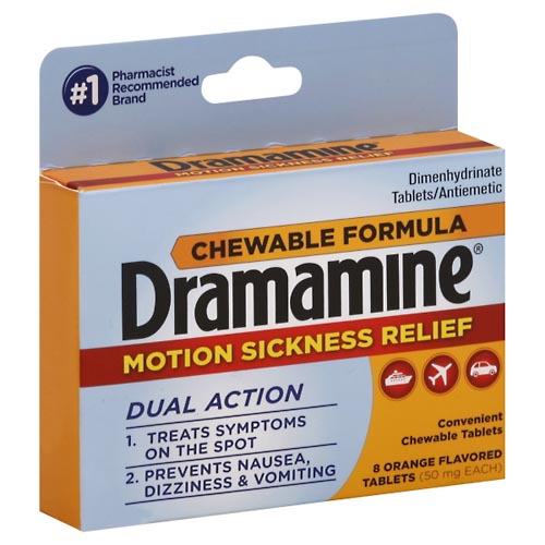 Image for Dramamine Motion Sickness Relief, 50 mg, Chewable Tablets, Orange Flavored,8ea from WELLNESS PHARMACY